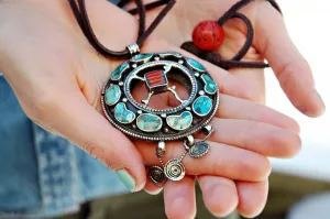 Inlaid Tibetan Pendant on Leather Cord