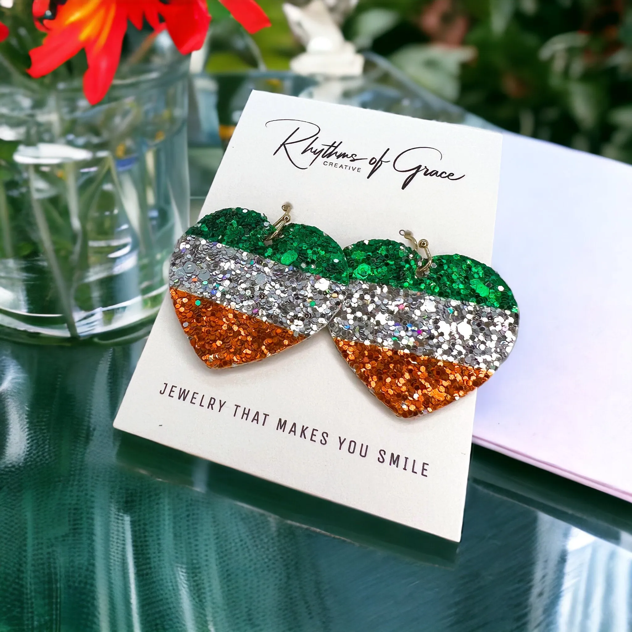 Irish Flag Earrings - Irish Earrings, Heart Earrings, Saint Patrick's Day, Glitter Earrings, Lucky Earrings, St. Patrick's Day
