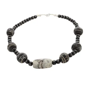 Jasper, Black Clay beads & Black coral silver inlaid beaded necklace