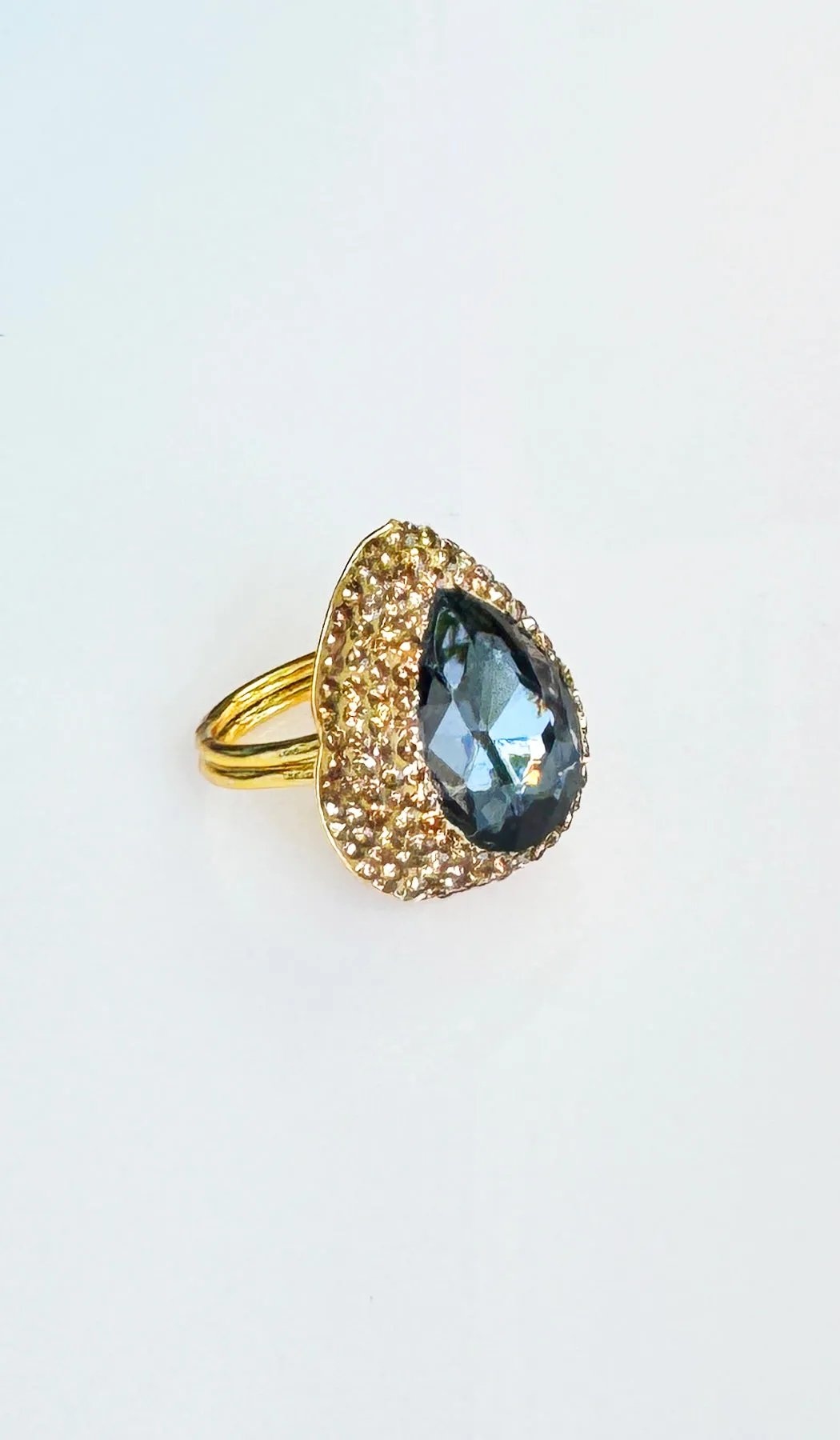 Jeweled Smoky and Champagne Crystal Teardrop Cocktail Ring