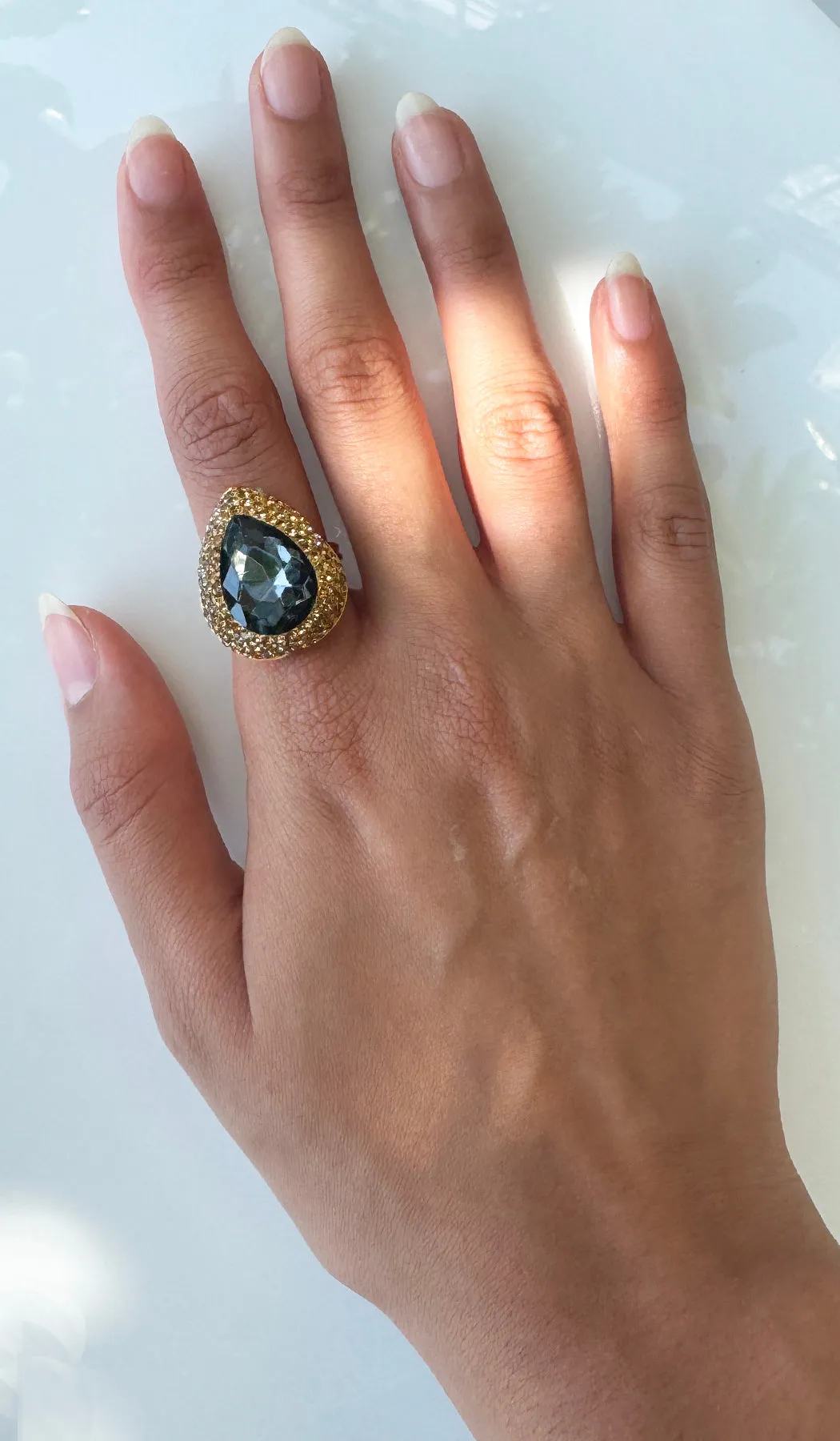 Jeweled Smoky and Champagne Crystal Teardrop Cocktail Ring