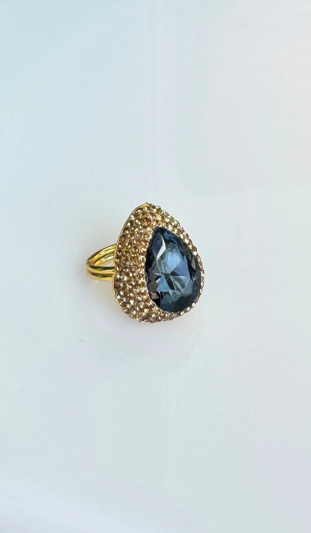 Jeweled Smoky and Champagne Crystal Teardrop Cocktail Ring