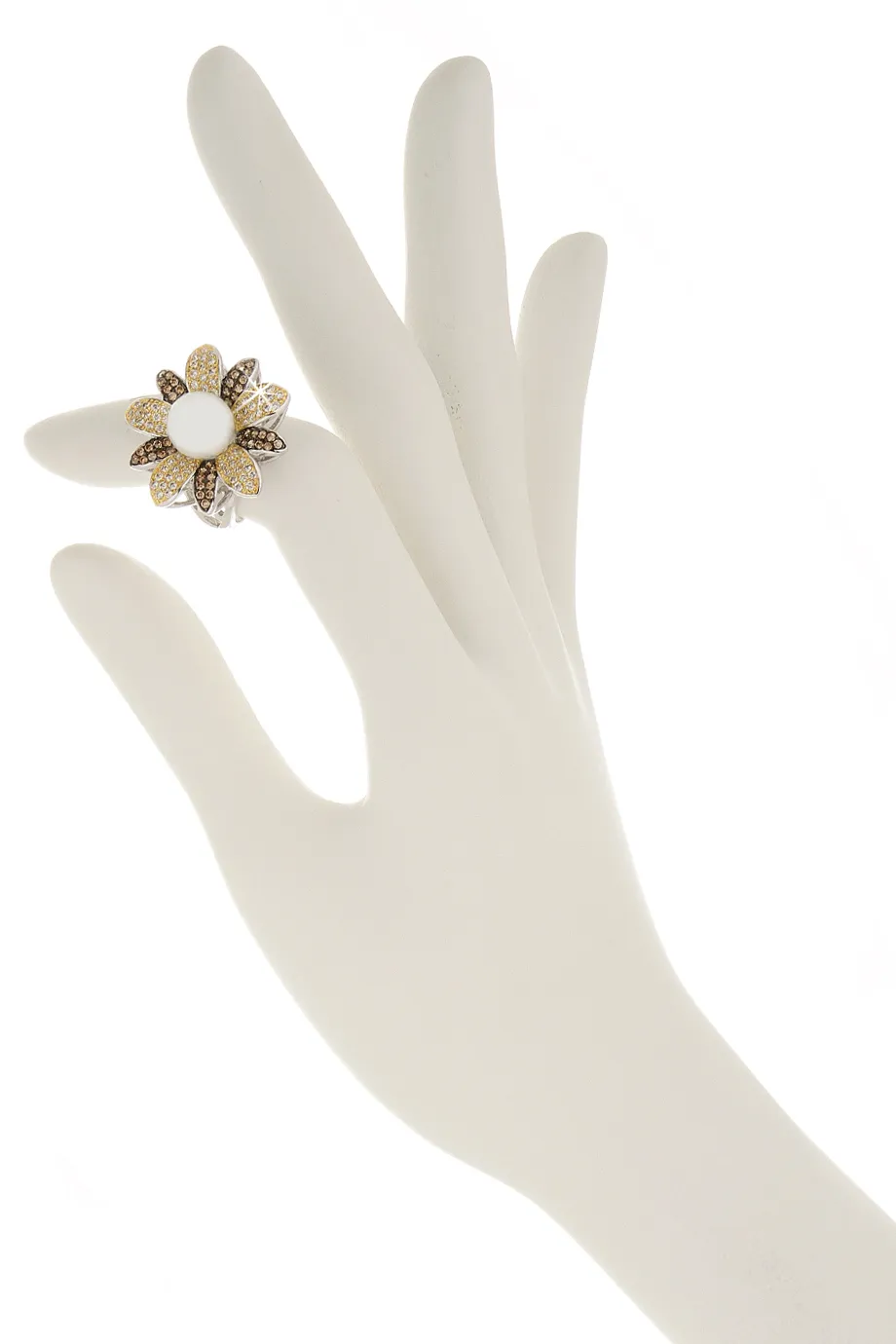 KENNETH JAY LANE FLOWER Silver Bronze Pearl Crystal Cocktail Ring