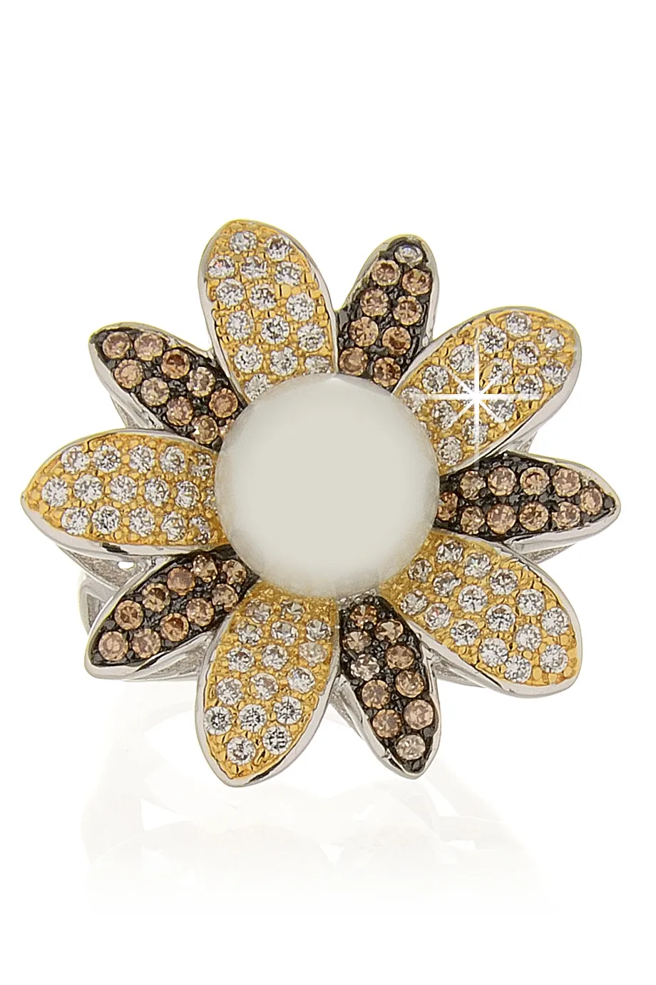 KENNETH JAY LANE FLOWER Silver Bronze Pearl Crystal Cocktail Ring