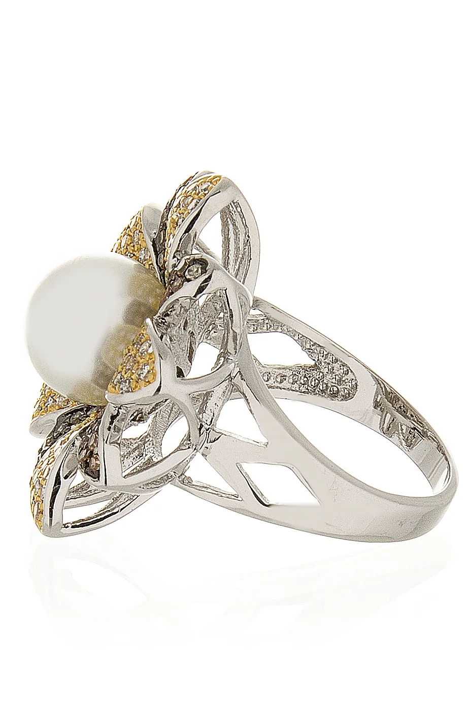 KENNETH JAY LANE FLOWER Silver Bronze Pearl Crystal Cocktail Ring