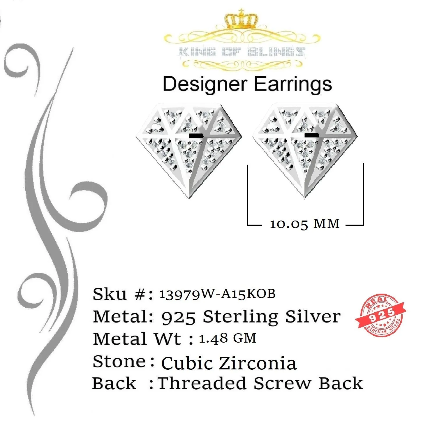 King of Bling's 0.24ct Cubic Zirconia 925 White Silver Women's & Men's Hip Hop Stud Earrings