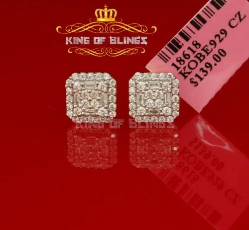King of Bling's 0.98ct Cubic Zirconia 925 Yellow Silver Women's & Men's Hip Hop Square Earrings
