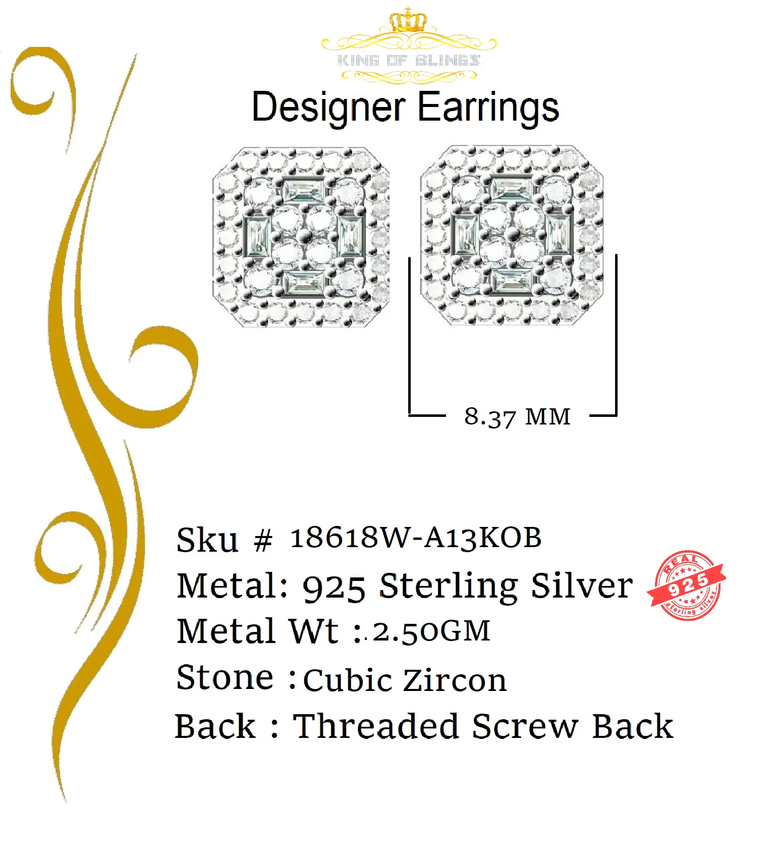 King of Bling's 0.98ct Cubic Zirconia 925 Yellow Silver Women's & Men's Hip Hop Square Earrings
