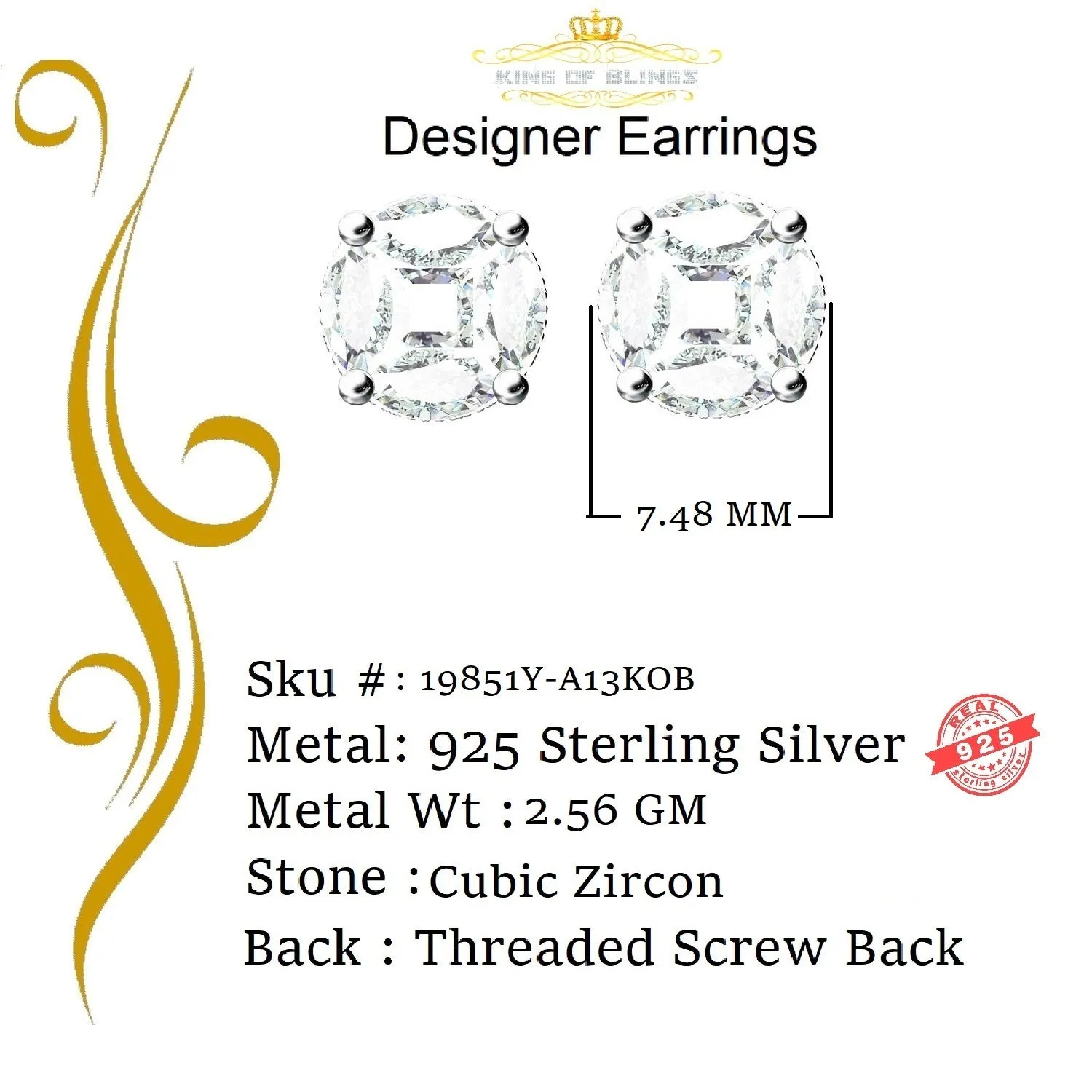 King of Bling's 1.74ct Sterling Yellow 925 Silver Cubic Zirconia Women's & Men's Round Earrings