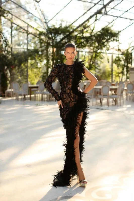 Laila Elegant  High Neck Black Evening Dress