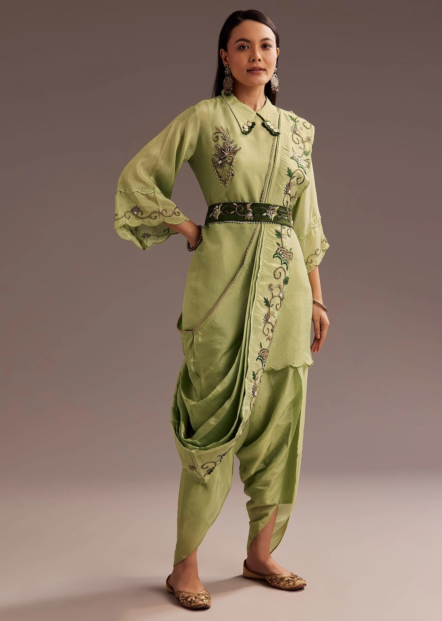 Light Green Zardosi Kurta With Embroidered Dupatta Belt