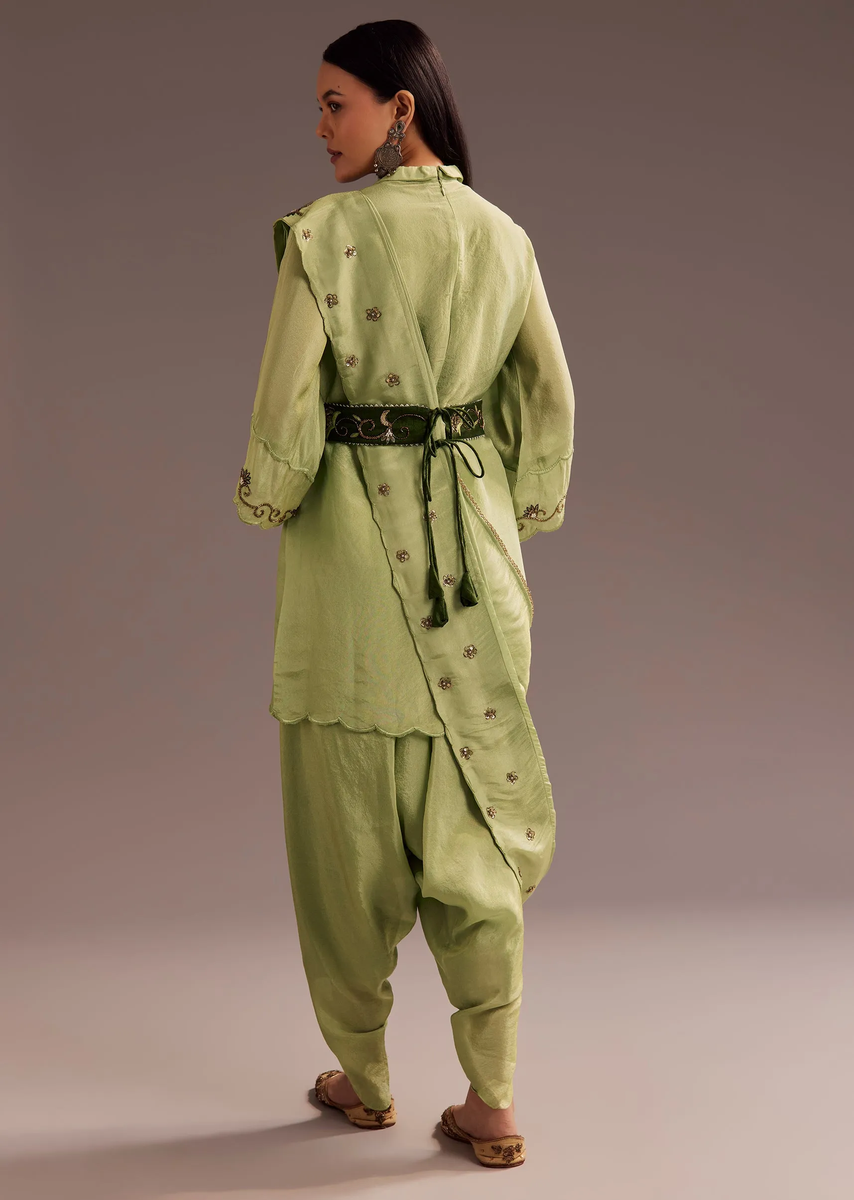 Light Green Zardosi Kurta With Embroidered Dupatta Belt
