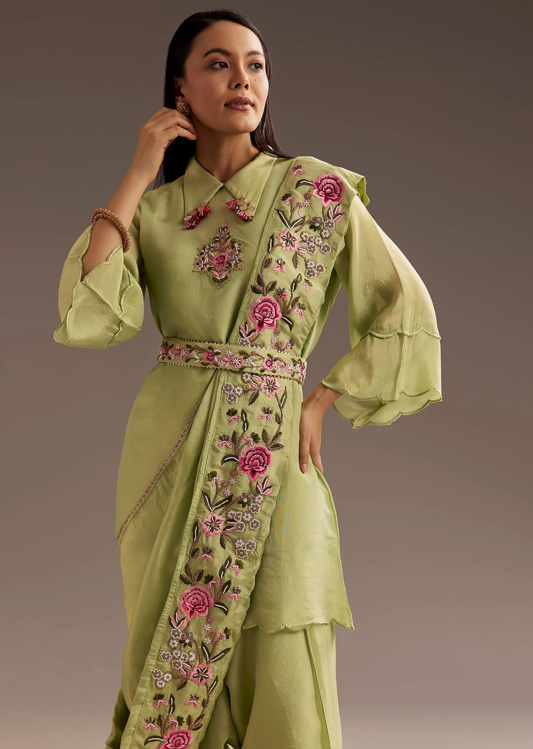 Light Green Zardosi Motif Kurta Dupatta Belt Set