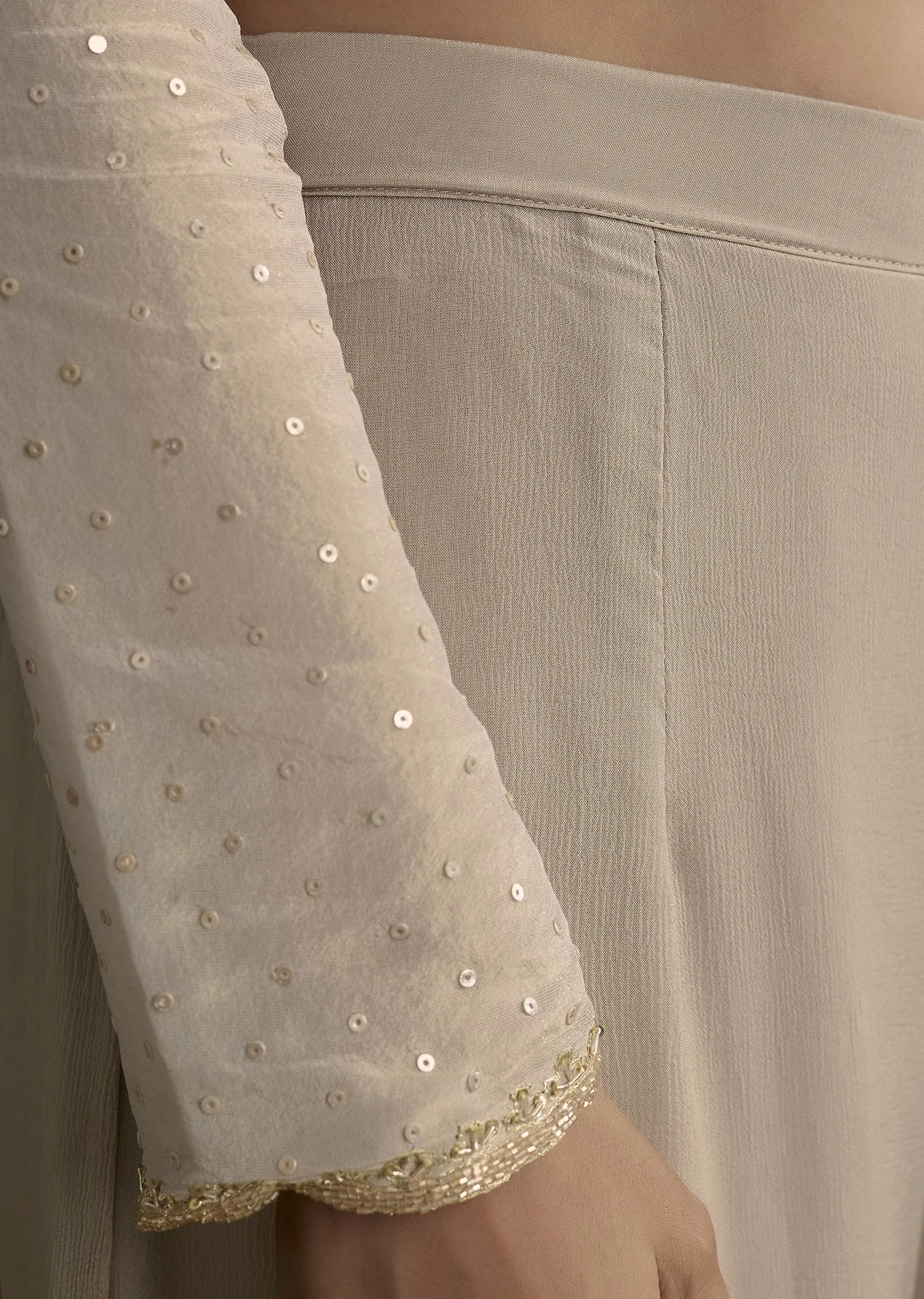 Light Grey Cutdana Zardosi Embroidered Kurta With Scallop Border Dupatta