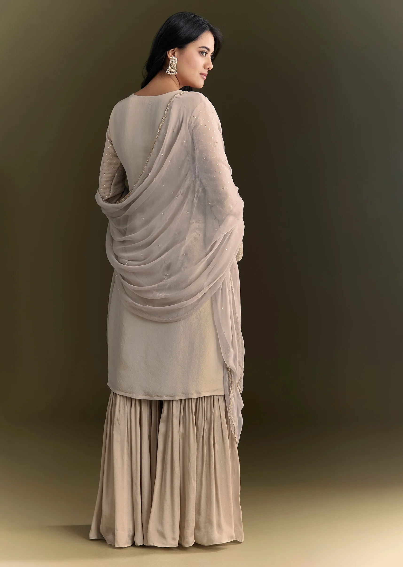 Light Grey Cutdana Zardosi Embroidered Kurta With Scallop Border Dupatta