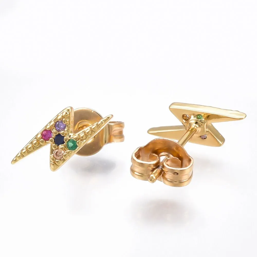 Lightning bolt cz studs, Lightning gold earrings, Dainty studs, Tiny studs gold, Tiny cz earrings, 18k gold plated multicolored, Flash studs