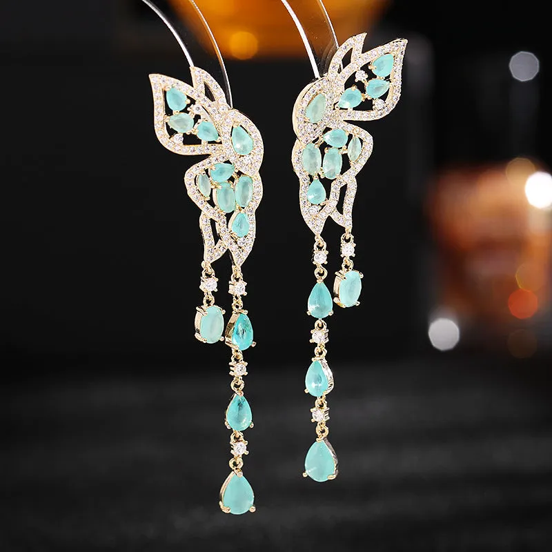 long face-modifying butterfly water drop tassel earrings
