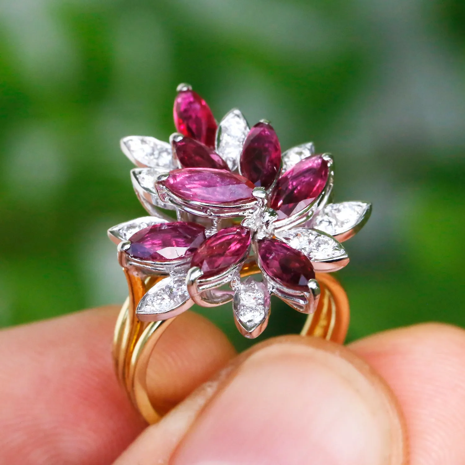 Marquise Ruby Cocktail Ring with Diamonds 18K Gold 2.76ctw
