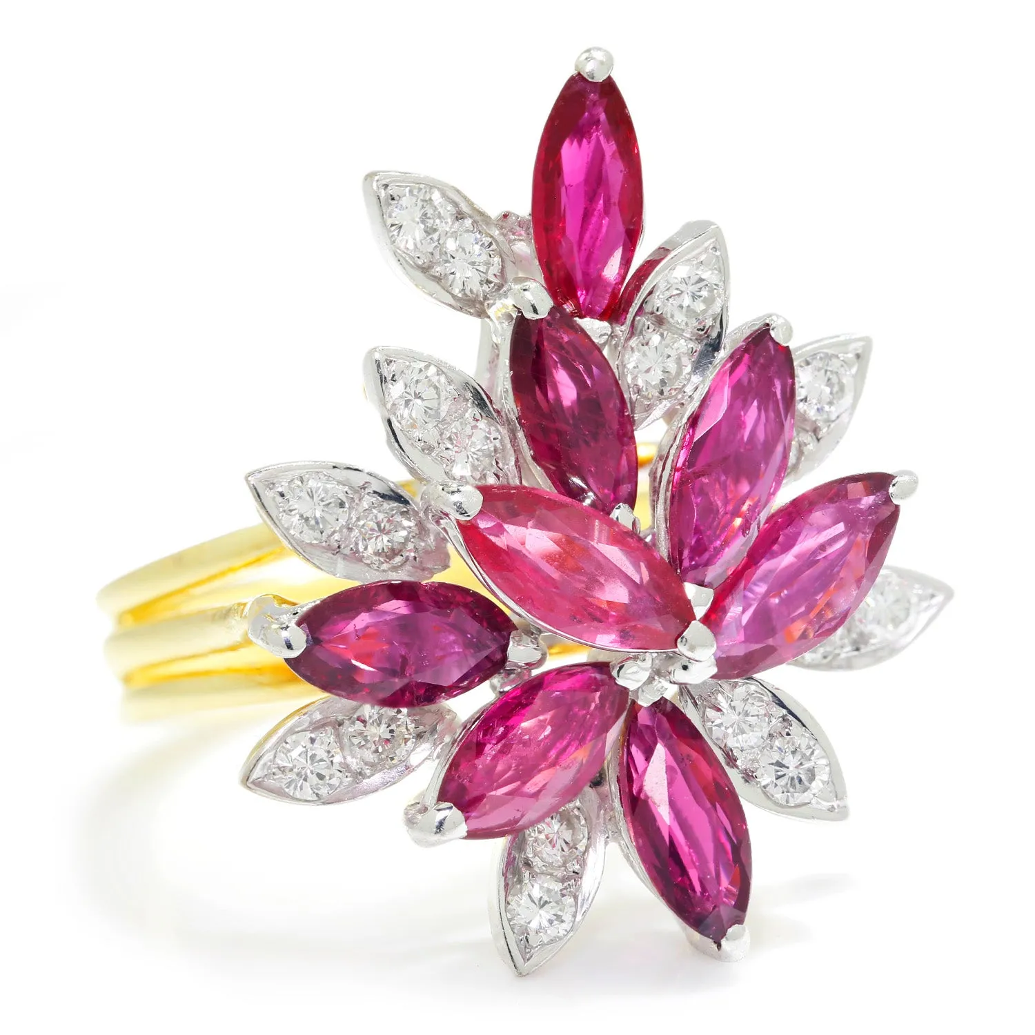 Marquise Ruby Cocktail Ring with Diamonds 18K Gold 2.76ctw