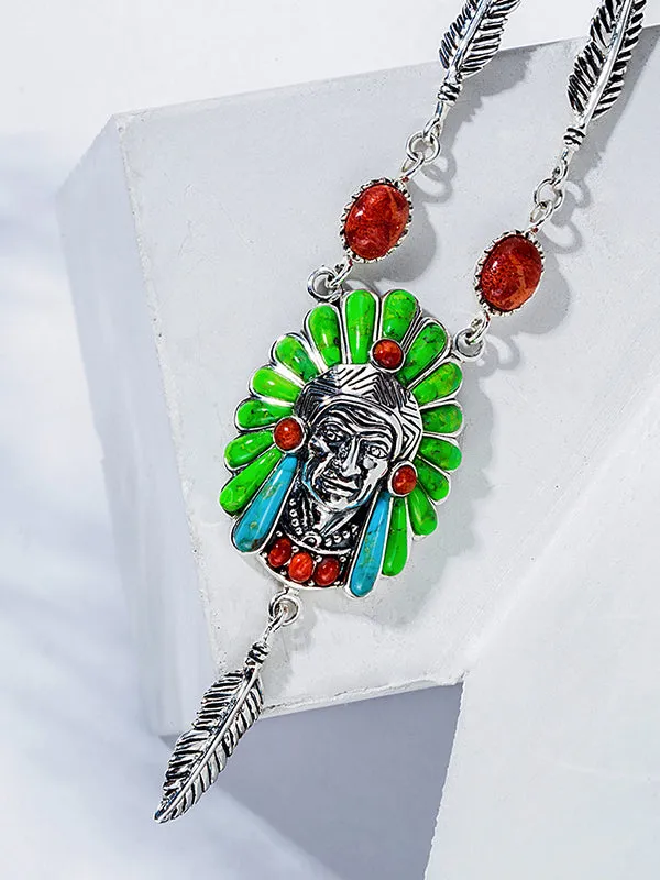Men's Head Pattern Green Turquoise Necklace