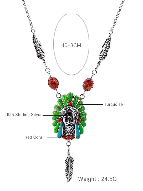 Men's Head Pattern Green Turquoise Necklace