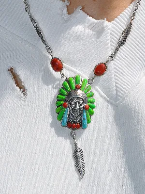 Men's Head Pattern Green Turquoise Necklace