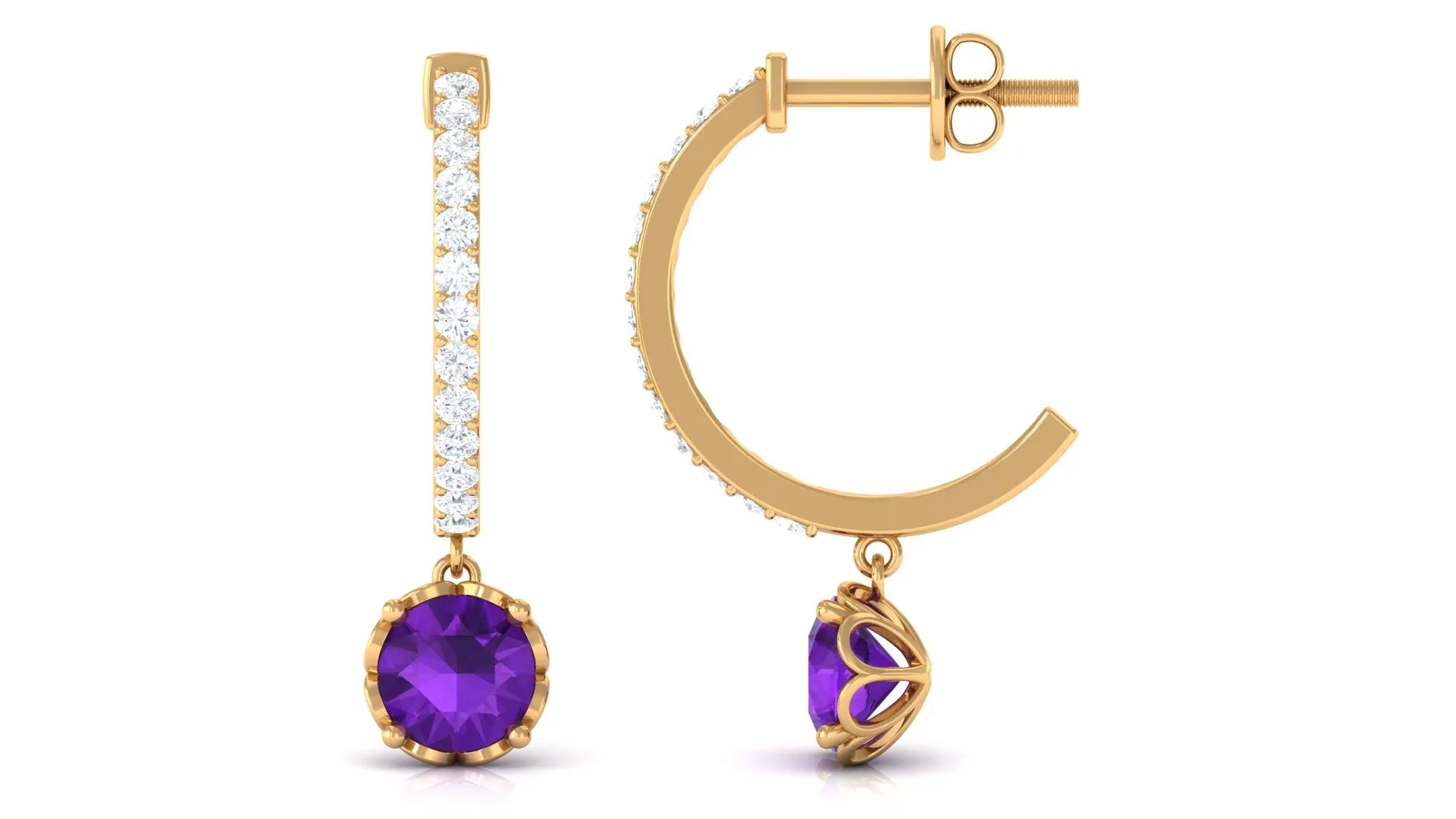 Minimal Round Amethyst Hoop Drop Earrings with Diamond