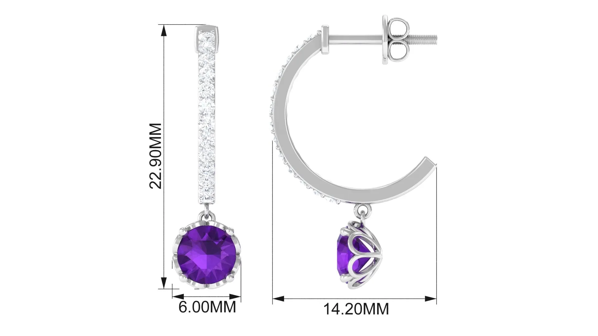 Minimal Round Amethyst Hoop Drop Earrings with Diamond
