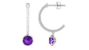 Minimal Round Amethyst Hoop Drop Earrings with Diamond