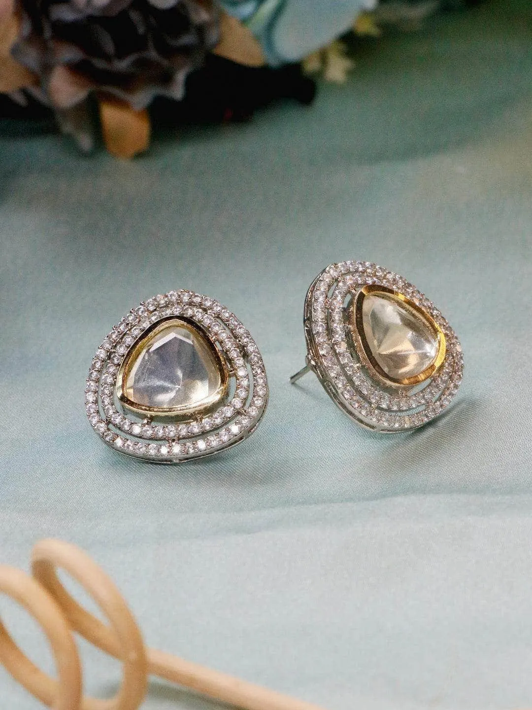 Moissanite Ad Polki Studs Silver