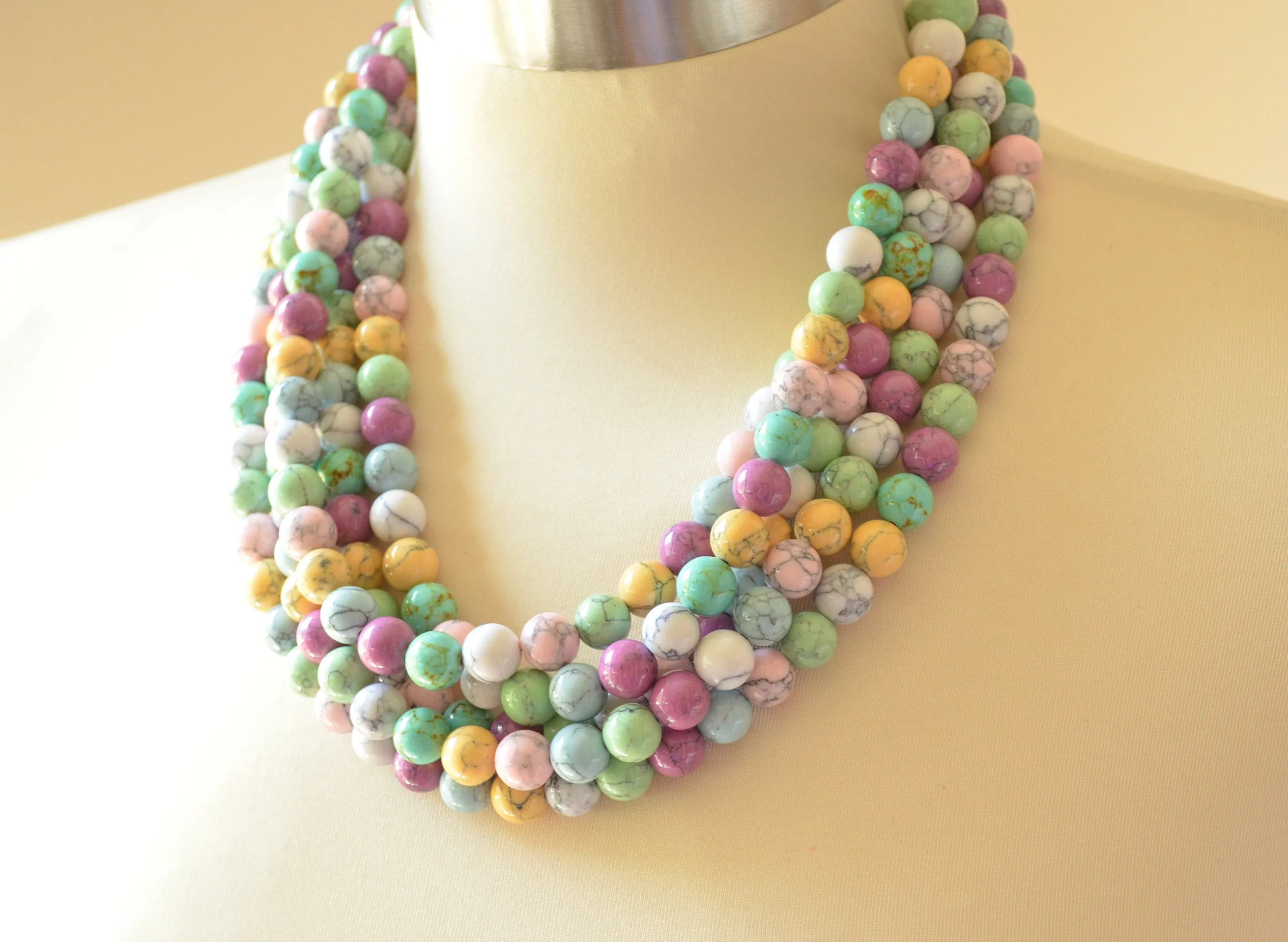 Multi Color Pastel Chunky Beaded Stone Statement Multi Strand Necklace - Alana