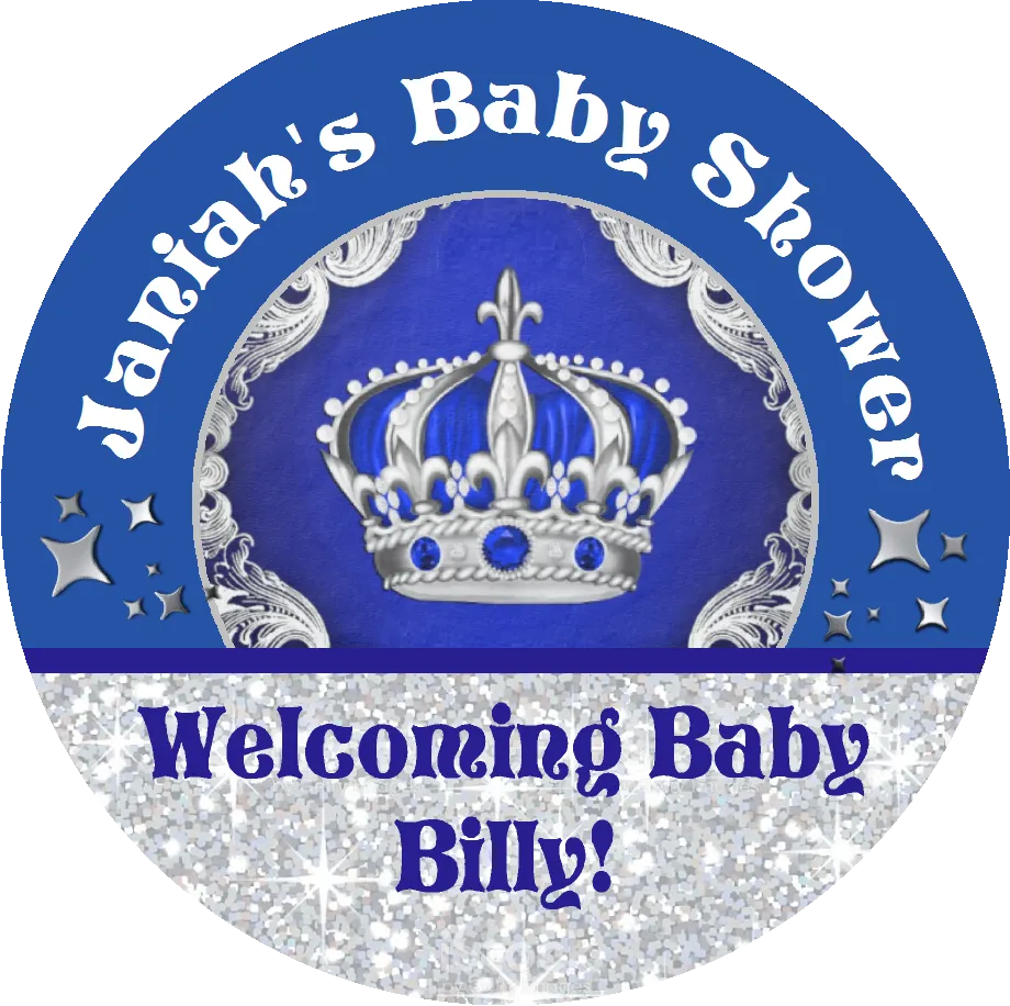 Navy Blue White and Silver Royal Prince Crown Personalized Baby Shower Round  Stickers  Supplies Labels