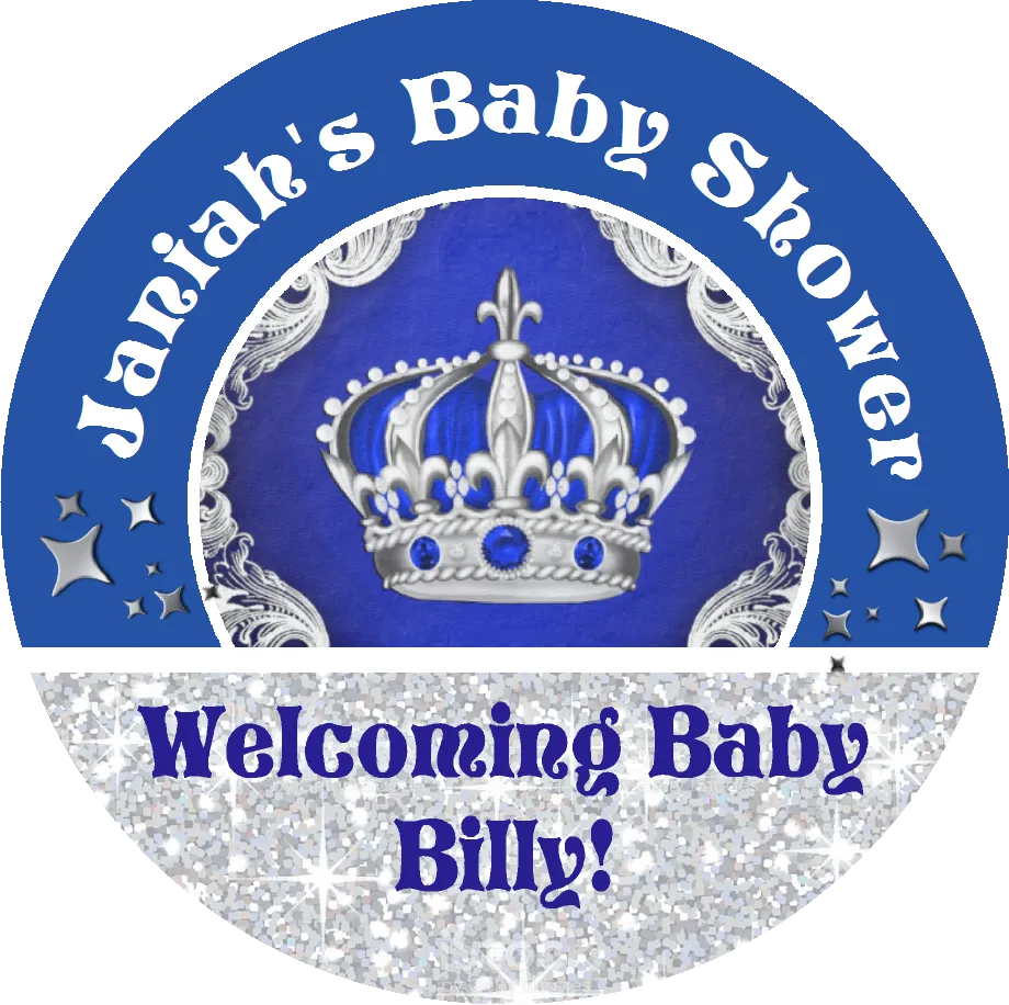 Navy Blue White and Silver Royal Prince Crown Personalized Baby Shower Round  Stickers  Supplies Labels