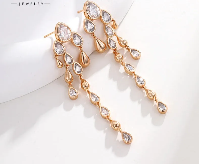 New earrings, earrings, light luxury, water droplets, long tassels, slim and atmospheric, retro women