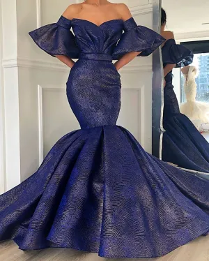 Nina Blue Prom Dresses Off-Shoulder Evening Dress