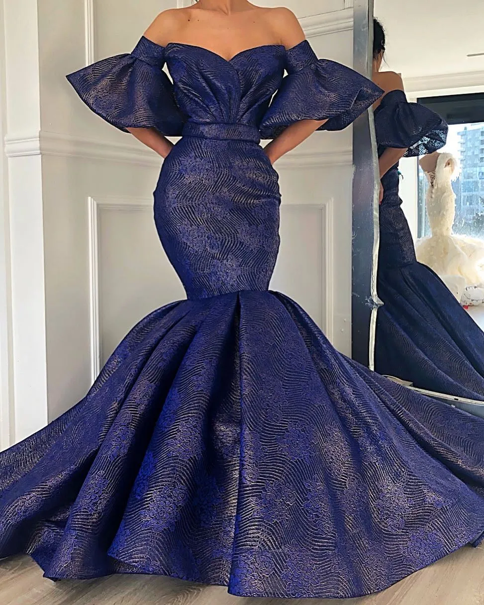 Nina Blue Prom Dresses Off-Shoulder Evening Dress