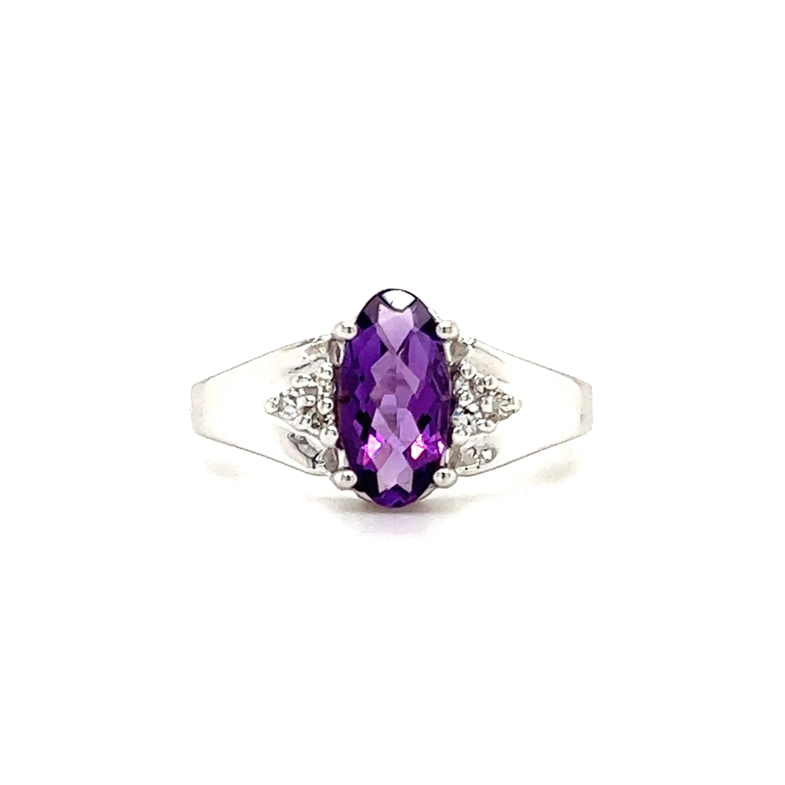 Oval Chess Amethyst Ring with Six Side Diamonds in 14K White Gold