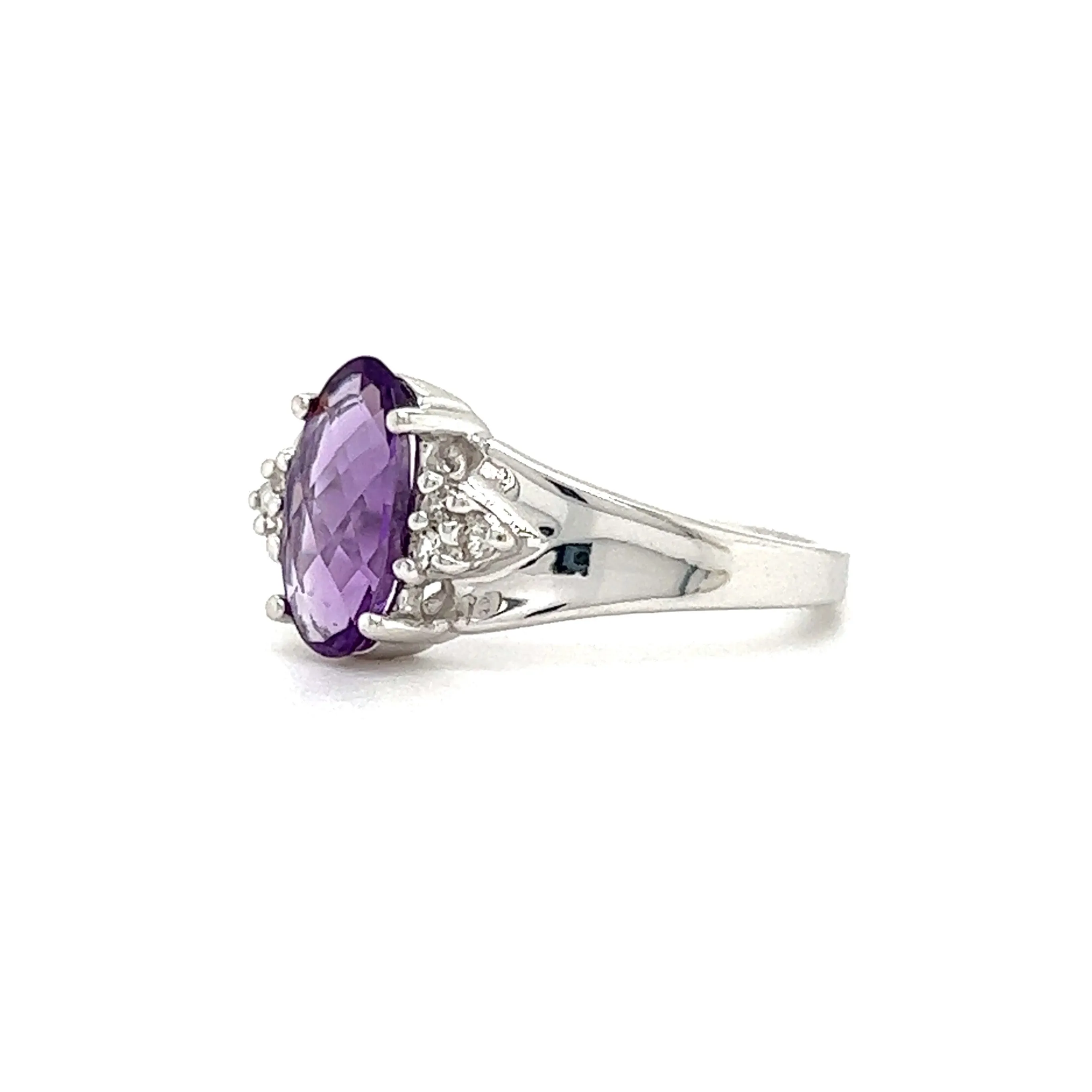 Oval Chess Amethyst Ring with Six Side Diamonds in 14K White Gold