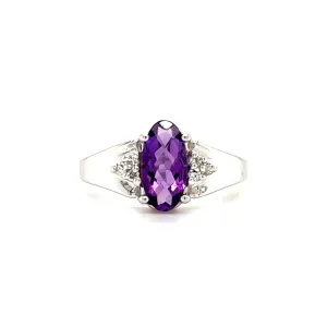 Oval Chess Amethyst Ring with Six Side Diamonds in 14K White Gold