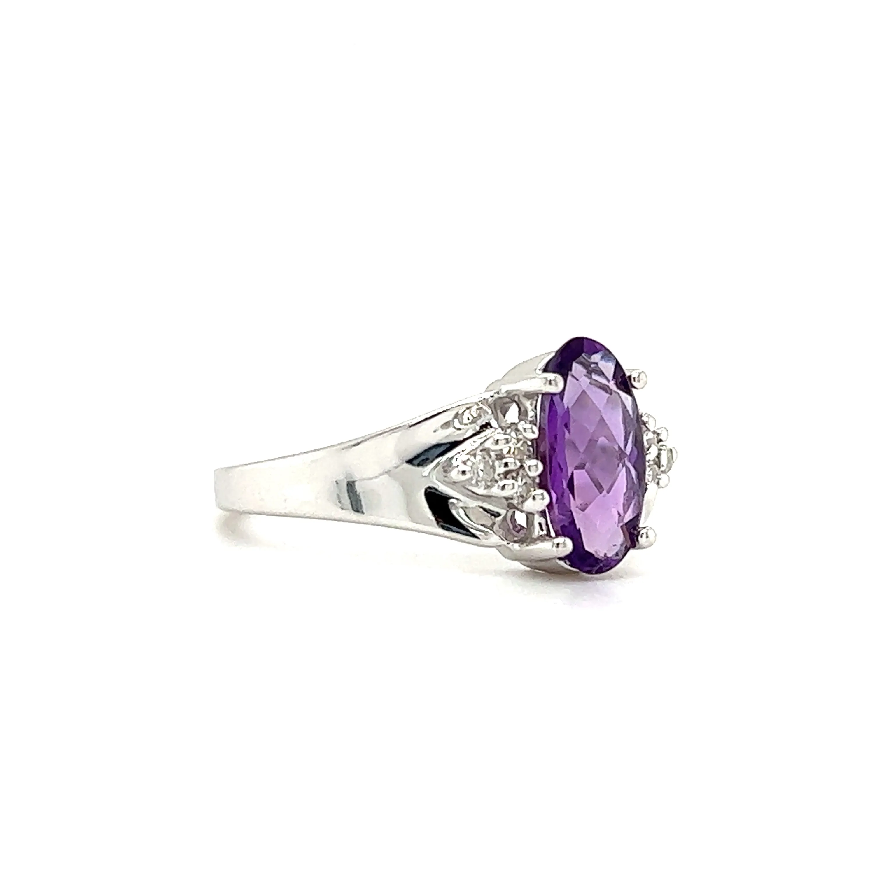Oval Chess Amethyst Ring with Six Side Diamonds in 14K White Gold