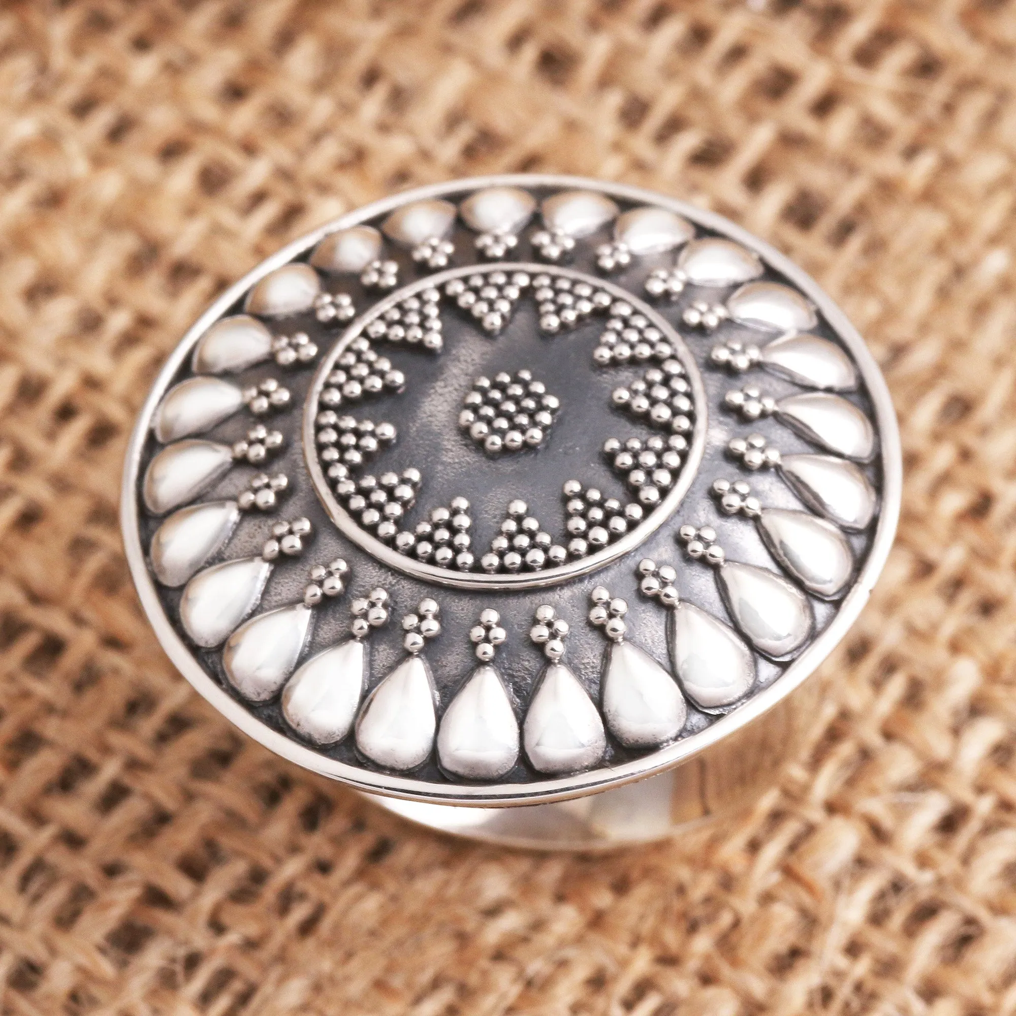 Oxidized Sterling Silver Sun Cocktail Ring - Solar Flair | NOVICA