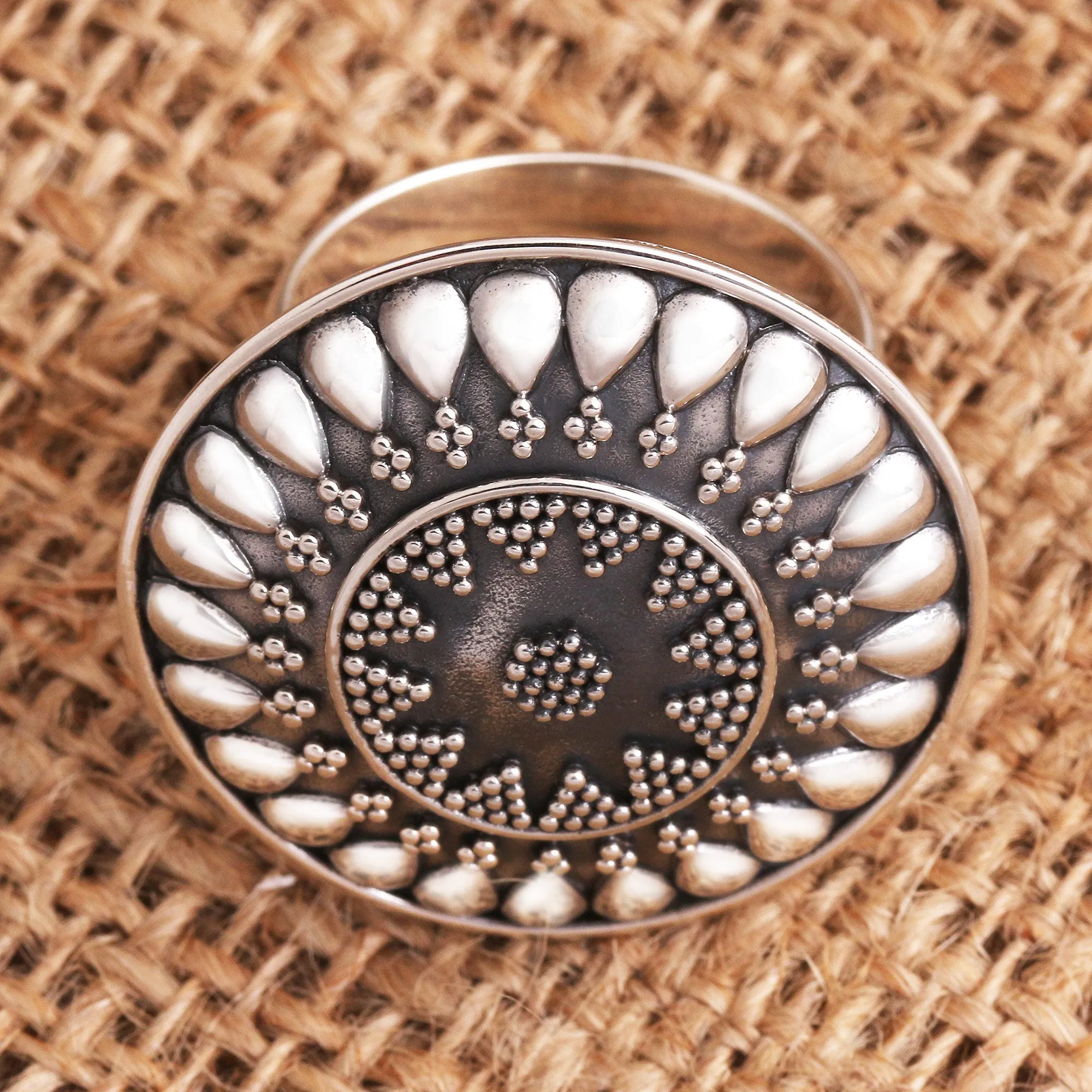 Oxidized Sterling Silver Sun Cocktail Ring - Solar Flair | NOVICA