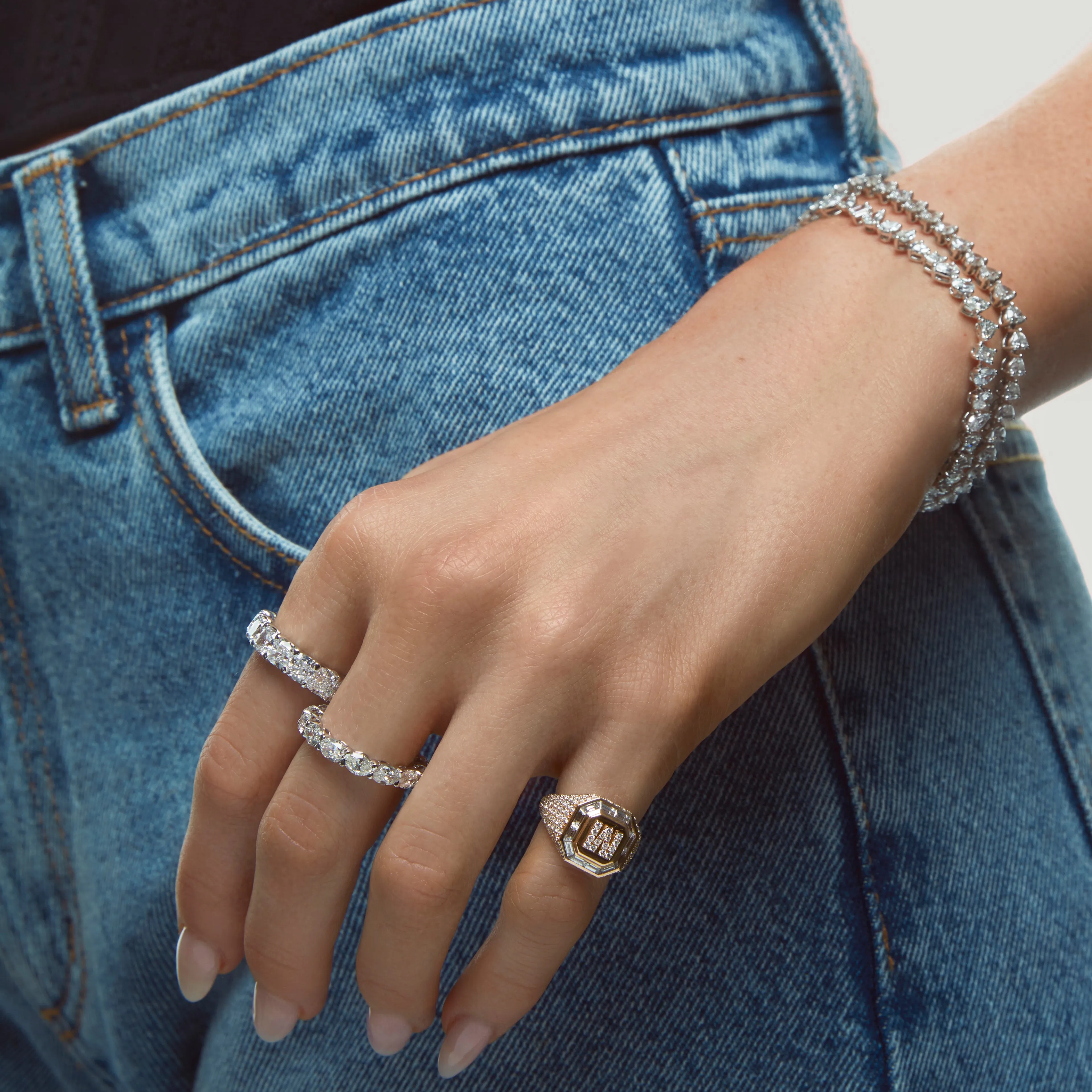 Pavé and Baguette Diamond Initial Signet Ring