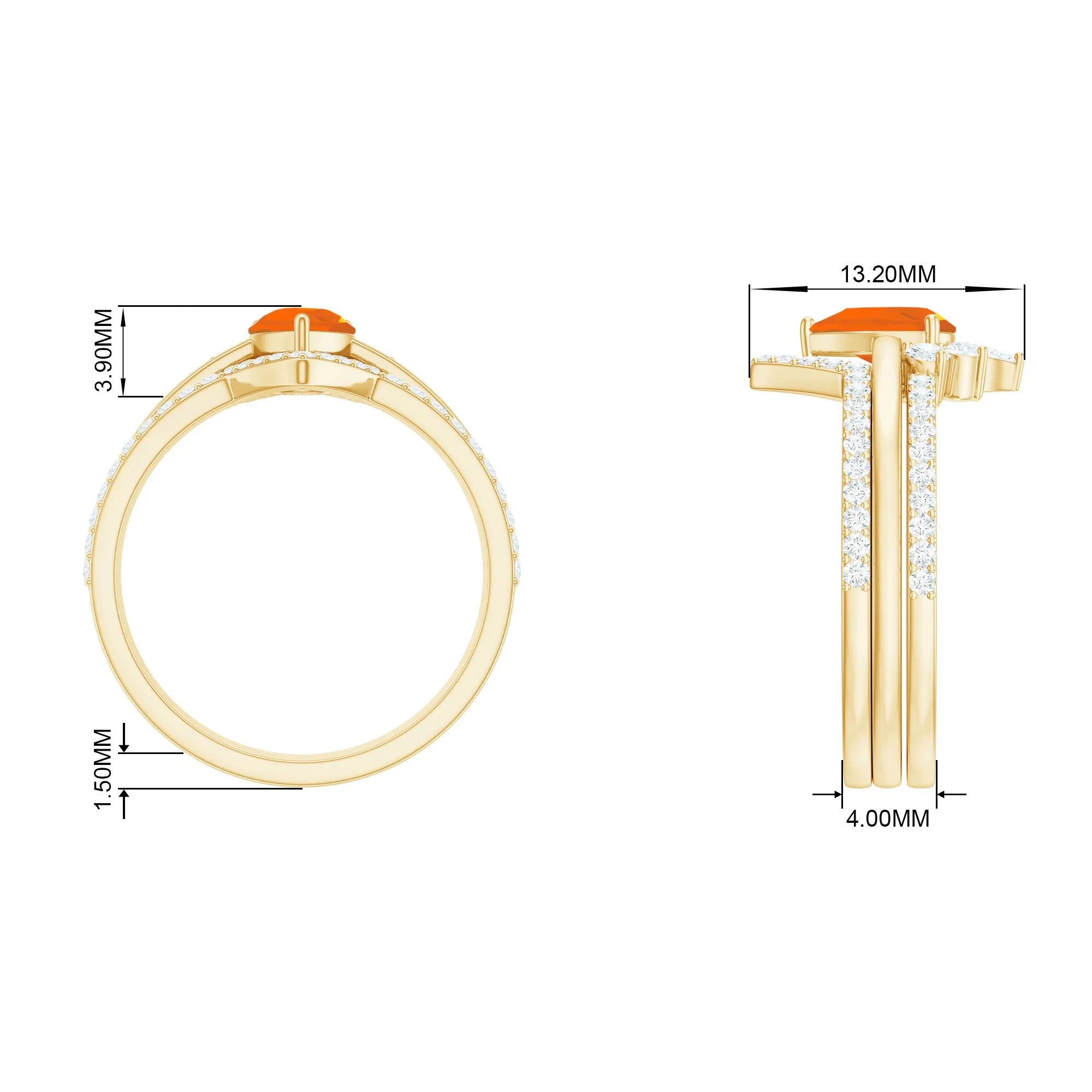 Pear Cut Fire Opal Trio Wedding Ring Set with Moissanite