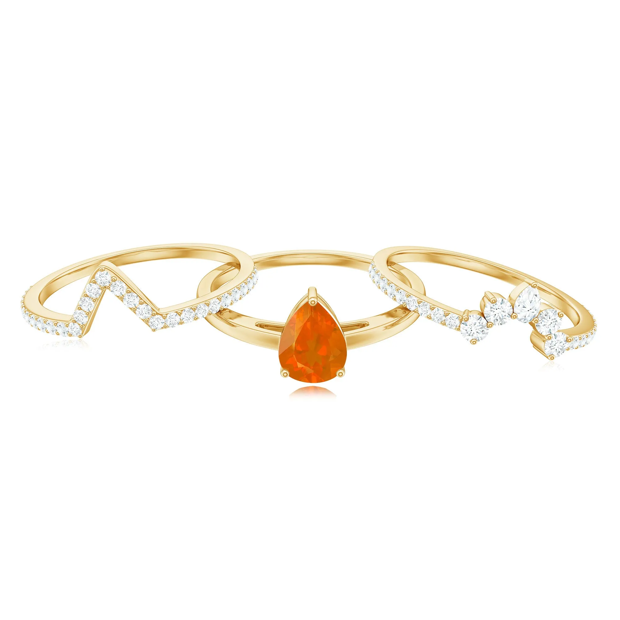Pear Cut Fire Opal Trio Wedding Ring Set with Moissanite