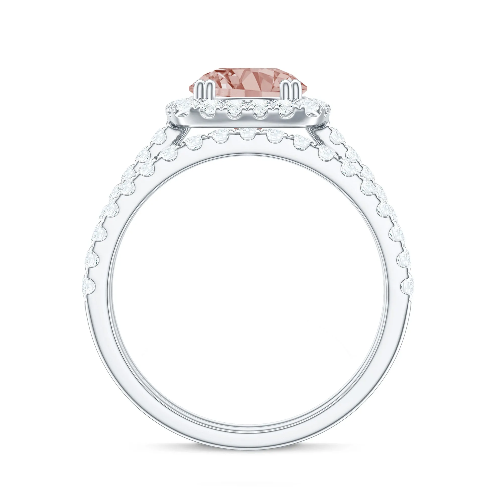Real Morganite Wedding Ring Set with Moissanite Halo