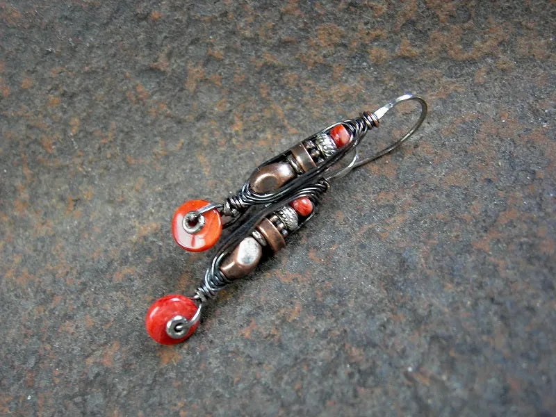 Red Spiny Oyster Shell Earrings, Wrapped Hook Style, Copper Wire Wrap