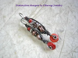 Red Spiny Oyster Shell Earrings, Wrapped Hook Style, Copper Wire Wrap