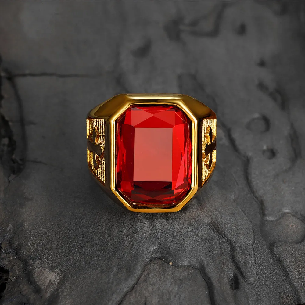 RED STONE CROSS SIGNET RING