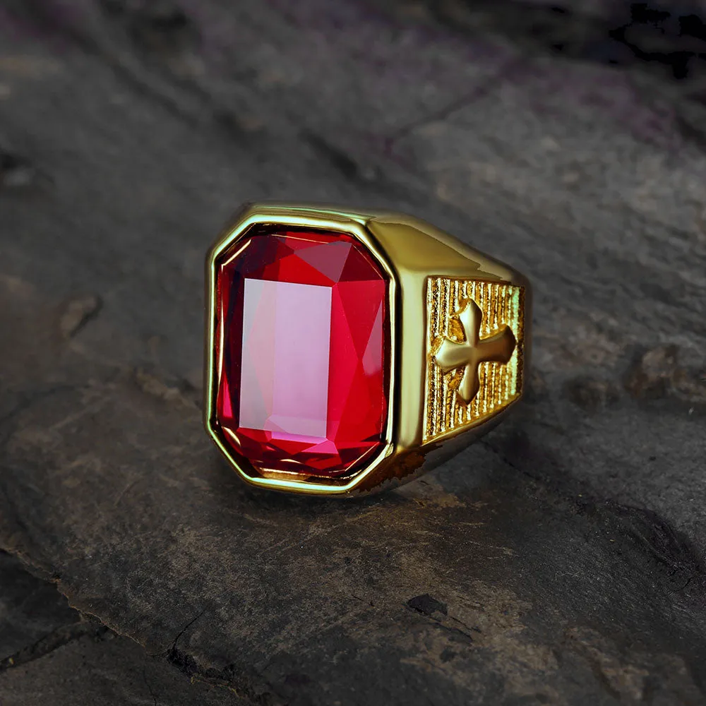 RED STONE CROSS SIGNET RING